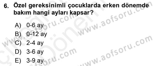 Bakıma Gereksinimi Olan Engelli Bireyler 1 Dersi Ara Sınavı Deneme Sınav Soruları 6. Soru