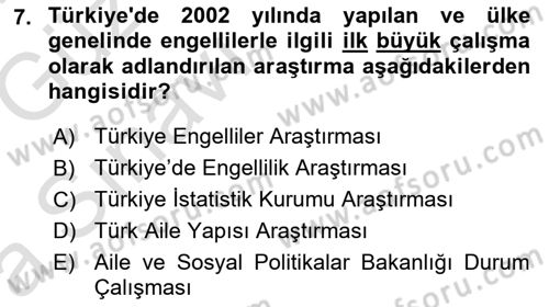 Bakıma Gereksinimi Olan Engelli Bireyler 1 Dersi 2019 - 2020 Yılı (Vize) Ara Sınav Soruları 7. Soru