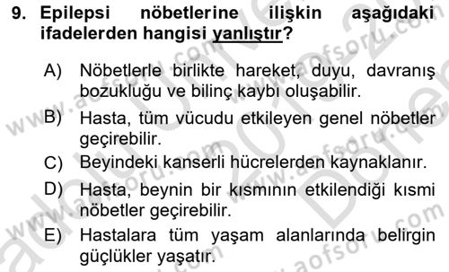 Bakıma Gereksinimi Olan Engelli Bireyler 1 Dersi 2019 - 2020 Yılı (Final) Dönem Sonu Sınav Soruları 9. Soru
