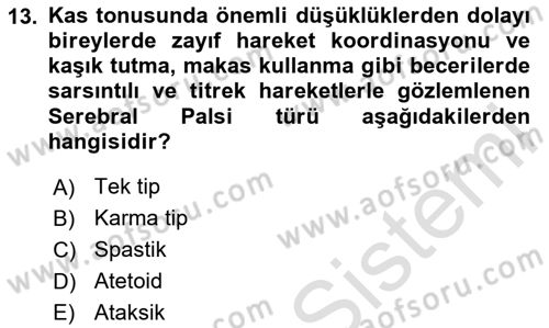 Bakıma Gereksinimi Olan Engelli Bireyler 1 Dersi 2020 - 2021 Yılı Yaz Okulu Sınav Soruları 13. Soru