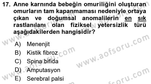Bakıma Gereksinimi Olan Engelli Bireyler 1 Dersi 2020 - 2021 Yılı Yaz Okulu Sınav Soruları 17. Soru