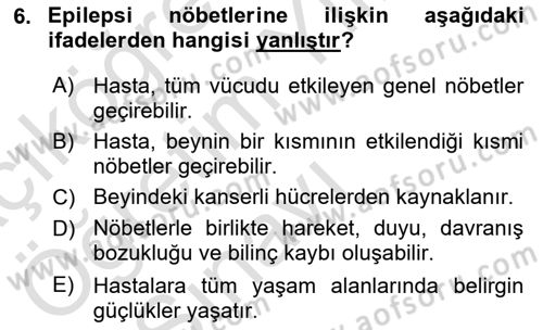 Bakıma Gereksinimi Olan Engelli Bireyler 1 Dersi 2020 - 2021 Yılı Yaz Okulu Sınav Soruları 6. Soru