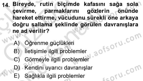 Bakıma Gereksinimi Olan Engelli Bireyler 1 Dersi 2021 - 2022 Yılı (Final) Dönem Sonu Sınav Soruları 14. Soru