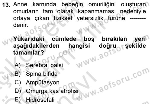 Bakıma Gereksinimi Olan Engelli Bireyler 1 Dersi 2021 - 2022 Yılı Yaz Okulu Sınav Soruları 13. Soru