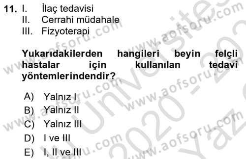 Bakıma Gereksinimi Olan Engelli Bireyler 2 Dersi 2020 - 2021 Yılı Yaz Okulu Sınav Soruları 11. Soru