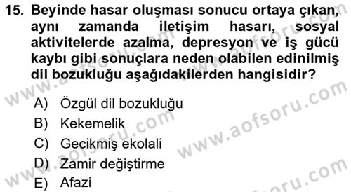 Bakıma Gereksinimi Olan Engelli Bireyler 2 Dersi 2021 - 2022 Yılı (Vize) Ara Sınav Soruları 15. Soru