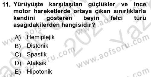 Bakıma Gereksinimi Olan Engelli Bireyler 2 Dersi 2021 - 2022 Yılı Yaz Okulu Sınav Soruları 11. Soru
