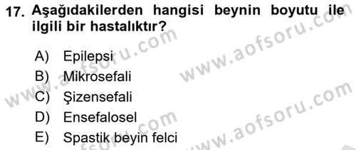 Bakıma Gereksinimi Olan Engelli Bireyler 2 Dersi 2021 - 2022 Yılı Yaz Okulu Sınav Soruları 17. Soru