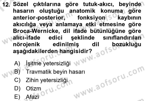 Bakıma Gereksinimi Olan Engelli Bireyler 2 Dersi 2022 - 2023 Yılı Yaz Okulu Sınav Soruları 12. Soru