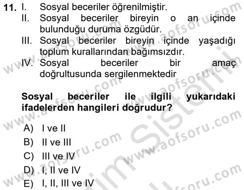 Bakıma Gereksinimi Olan Engelli Bireyler 2 Dersi 2023 - 2024 Yılı Yaz Okulu Sınav Soruları 11. Soru