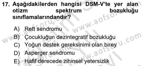 Bakıma Gereksinimi Olan Engelli Bireyler 2 Dersi 2025 - 2026 Yılı (Vize) Ara Sınav Soruları 17. Soru