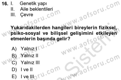 Bakıma Gereksinimi Olan Engelli Bireyler 2 Dersi 2025 - 2026 Yılı (Final) Dönem Sonu Sınav Soruları 16. Soru