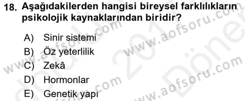 Engelli Psikolojisi Dersi 2017 - 2018 Yılı (Final) Dönem Sonu Sınav Soruları 18. Soru