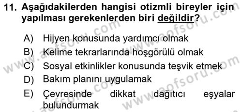 Engelli Bakımı ve Rehabilitasyonunu Planlama Dersi 2020 - 2021 Yılı Yaz Okulu Sınav Soruları 11. Soru