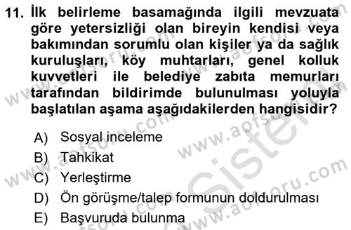 Engelli Bakımı ve Rehabilitasyonunu Planlama Dersi 2021 - 2022 Yılı Yaz Okulu Sınav Soruları 11. Soru