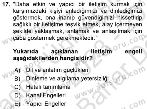 Engelli Bakımı ve Rehabilitasyonunu Planlama Dersi 2023 - 2024 Yılı (Vize) Ara Sınav Soruları 17. Soru
