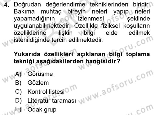 Engelli Bakımı ve Rehabilitasyonunu Planlama Dersi 2023 - 2024 Yılı (Final) Dönem Sonu Sınav Soruları 4. Soru