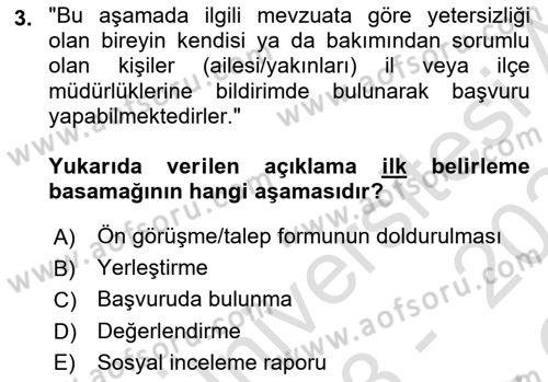 Engelli Bakımı ve Rehabilitasyonunu Planlama Dersi 2023 - 2024 Yılı Yaz Okulu Sınav Soruları 3. Soru