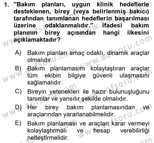 Engelli Bakımı ve Rehabilitasyonunu Planlama Dersi 2025 - 2026 Yılı (Vize) Ara Sınav Soruları 1. Soru