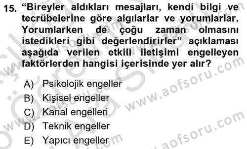 Engelli Bakımı ve Rehabilitasyonunu Planlama Dersi 2025 - 2026 Yılı (Vize) Ara Sınav Soruları 15. Soru
