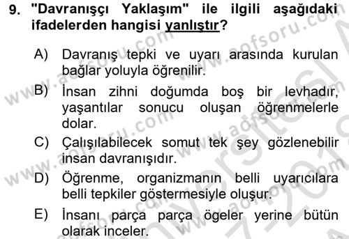 İnsan ve Davranış Dersi Ara Sınavı Deneme Sınav Soruları 9. Soru