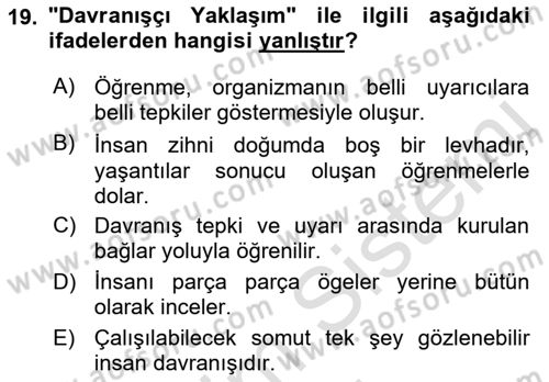 İnsan ve Davranış Dersi Ara Sınavı Deneme Sınav Soruları 19. Soru