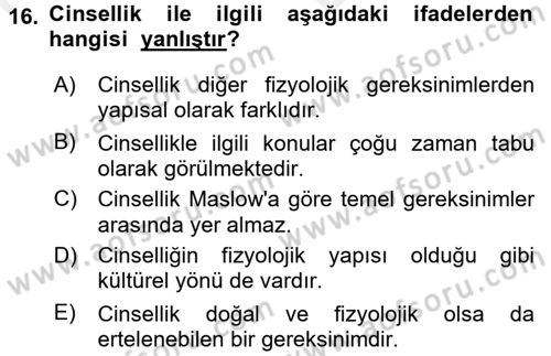 Engellilerde Ruh Sağlığı Dersi 2017 - 2018 Yılı (Vize) Ara Sınav Soruları 16. Soru