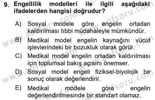 Engellilerde Ruh Sağlığı Dersi 2017 - 2018 Yılı (Vize) Ara Sınav Soruları 9. Soru
