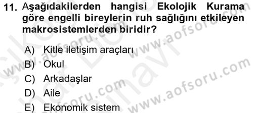 Engellilerde Ruh Sağlığı Dersi 2017 - 2018 Yılı (Final) Dönem Sonu Sınav Soruları 11. Soru