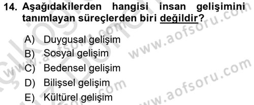 Yaşam Boyu Büyüme ve Gelişim Dersi 2017 - 2018 Yılı (Vize) Ara Sınav Soruları 14. Soru