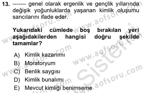 Yaşam Boyu Büyüme ve Gelişim Dersi 2018 - 2019 Yılı 3 Ders Sınav Soruları 13. Soru