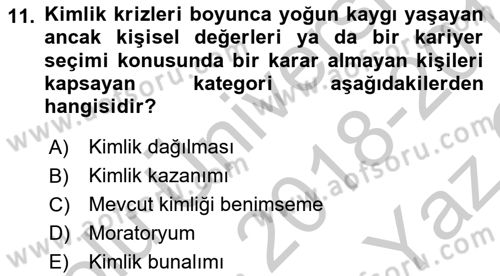 Yaşam Boyu Büyüme ve Gelişim Dersi 2018 - 2019 Yılı Yaz Okulu Sınav Soruları 11. Soru