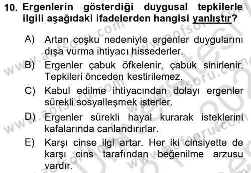 Yaşam Boyu Büyüme ve Gelişim Dersi 2021 - 2022 Yılı (Final) Dönem Sonu Sınav Soruları 10. Soru