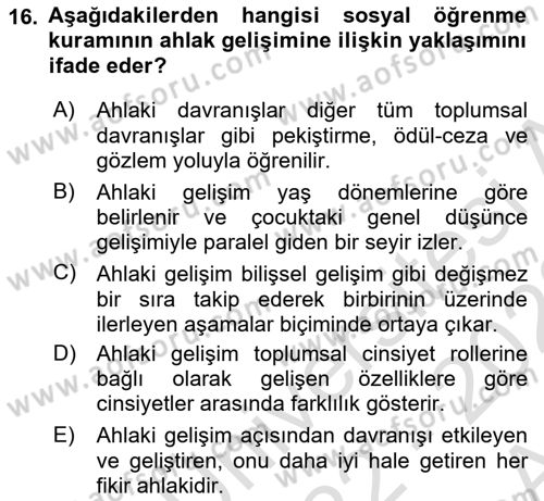 Yaşam Boyu Büyüme ve Gelişim Dersi 2022 - 2023 Yılı (Vize) Ara Sınav Soruları 16. Soru