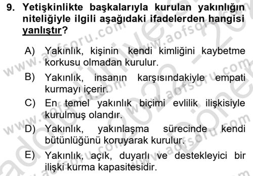 Yaşam Boyu Büyüme ve Gelişim Dersi 2022 - 2023 Yılı (Final) Dönem Sonu Sınav Soruları 9. Soru