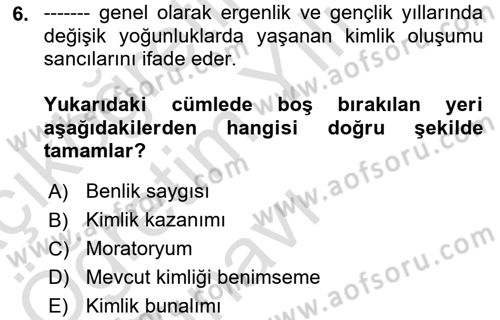 Yaşam Boyu Büyüme ve Gelişim Dersi 2022 - 2023 Yılı Yaz Okulu Sınav Soruları 6. Soru