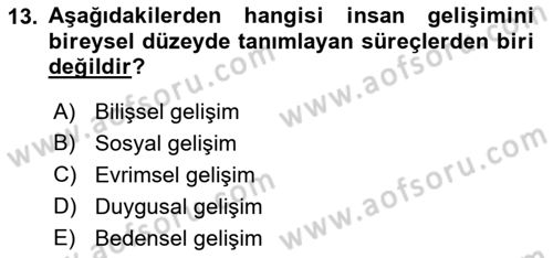 Yaşam Boyu Büyüme ve Gelişim Dersi 2023 - 2024 Yılı (Vize) Ara Sınav Soruları 13. Soru