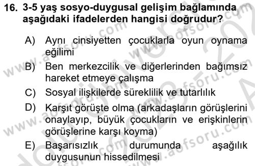 Yaşam Boyu Büyüme ve Gelişim Dersi 2023 - 2024 Yılı (Vize) Ara Sınav Soruları 16. Soru