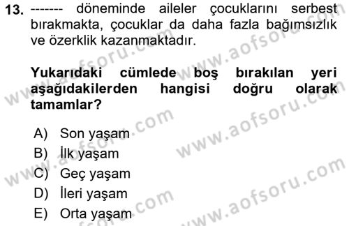 Yaşam Boyu Büyüme ve Gelişim Dersi 2023 - 2024 Yılı (Final) Dönem Sonu Sınav Soruları 13. Soru