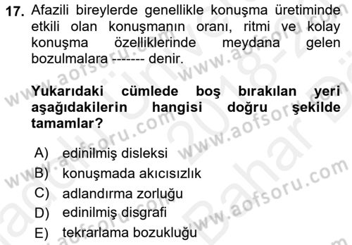 İletişim ve Alternatif İletişim Sistemleri Dersi 2018 - 2019 Yılı (Vize) Ara Sınav Soruları 17. Soru