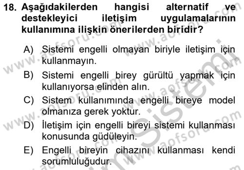 İletişim ve Alternatif İletişim Sistemleri Dersi 2018 - 2019 Yılı Yaz Okulu Sınav Soruları 18. Soru