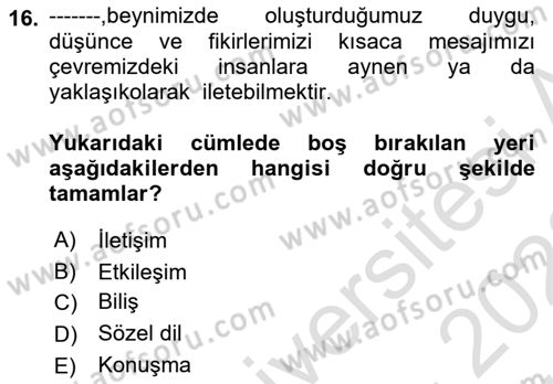 İletişim ve Alternatif İletişim Sistemleri Dersi 2021 - 2022 Yılı (Vize) Ara Sınav Soruları 16. Soru