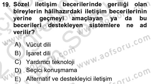 İletişim ve Alternatif İletişim Sistemleri Dersi 2021 - 2022 Yılı (Final) Dönem Sonu Sınav Soruları 19. Soru