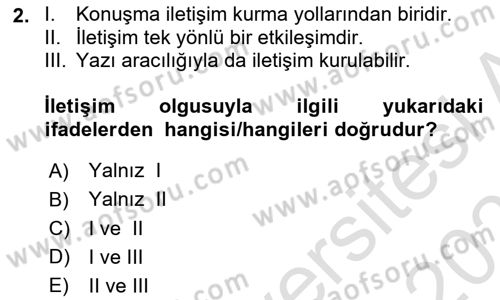 İletişim ve Alternatif İletişim Sistemleri Dersi 2023 - 2024 Yılı (Vize) Ara Sınav Soruları 2. Soru