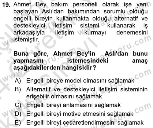İletişim ve Alternatif İletişim Sistemleri Dersi 2023 - 2024 Yılı Yaz Okulu Sınav Soruları 19. Soru