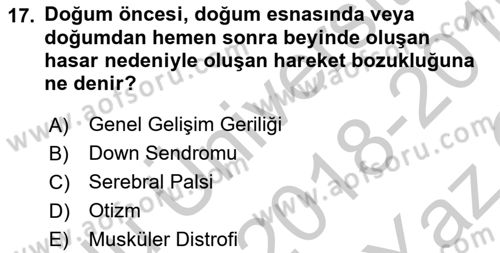 Temel Bakım ve Rehabilitasyon 1 Dersi 2018 - 2019 Yılı Yaz Okulu Sınav Soruları 17. Soru