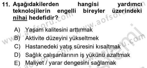 Temel Bakım ve Rehabilitasyon 1 Dersi 2021 - 2022 Yılı Yaz Okulu Sınav Soruları 11. Soru