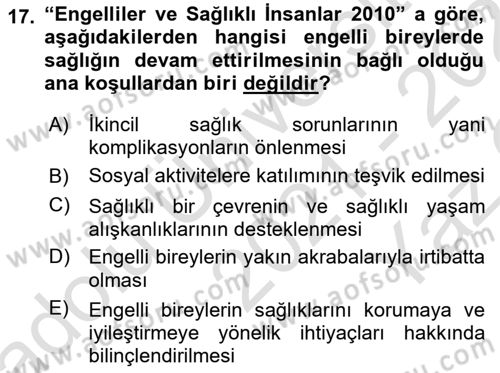 Temel Bakım ve Rehabilitasyon 1 Dersi 2021 - 2022 Yılı Yaz Okulu Sınav Soruları 17. Soru