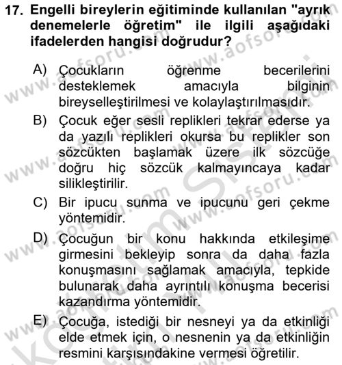 Temel Bakım ve Rehabilitasyon 1 Dersi 2022 - 2023 Yılı Yaz Okulu Sınav Soruları 17. Soru