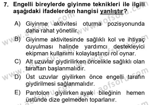 Temel Bakım ve Rehabilitasyon 1 Dersi 2023 - 2024 Yılı (Vize) Ara Sınav Soruları 7. Soru